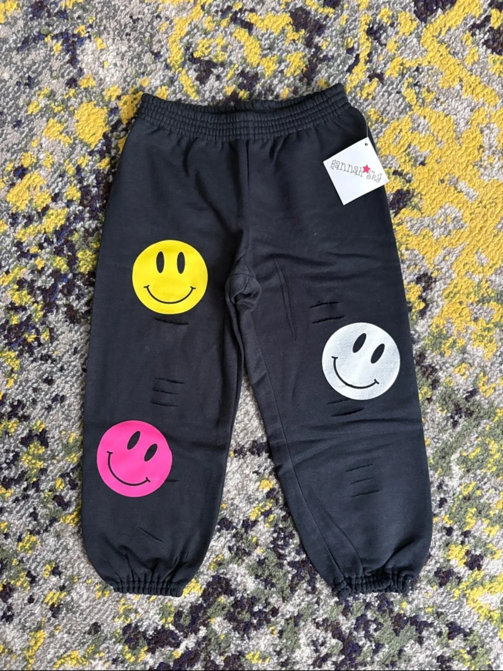 NEW Hannah Sky ripped smiley face sweatpants from Denny’s Lester’s
